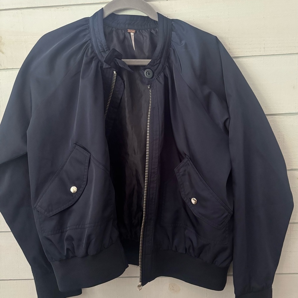 Free People Navy Bomber Jacket with Ribbed Collar and Relaxed Fit